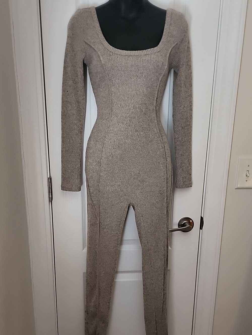 Ribbed Long-Sleeve Jumpsuit in Taupe